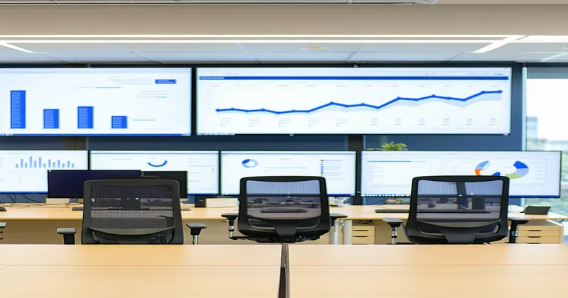 Commercial real estate brokerage office interior with data on screens