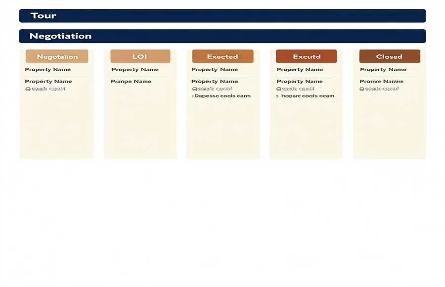 Deal pipeline dashboard showing commercial real estate deals organized by stage from tour to signed lease